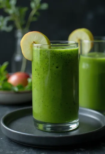 Batido verde en vaso alto, decorado con verduras frescas y fruta