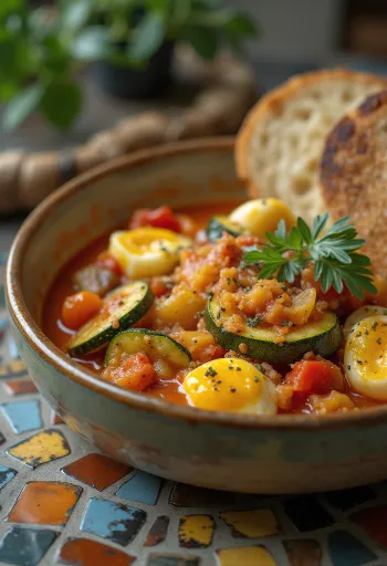 Estofado de verduras con salsa densa de pimentón, espolvoreado con hierbas frescas