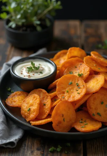 Chips de boniato con salsa especiada servidos