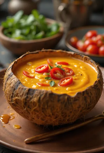 Salsa de coco y chili picante en un cuenco, con cilantro fresco y rodajas de chili.