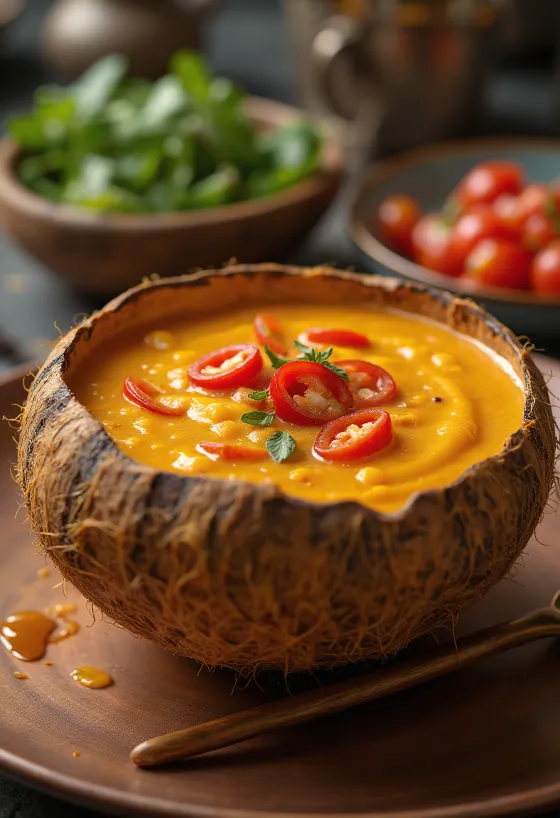 Salsa de coco y chili picante en un cuenco, con cilantro fresco y rodajas de chili.