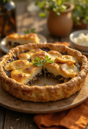 Cremoso pastel de setas vegano cortado en porciones