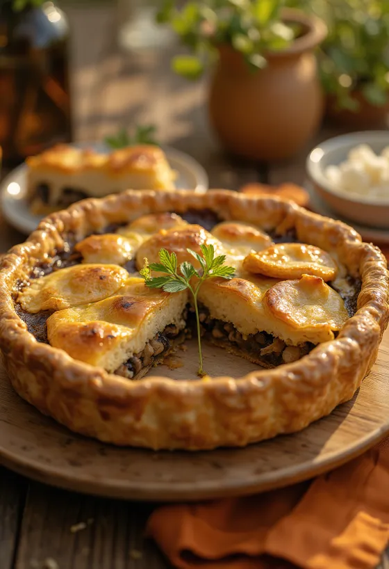 Cremoso pastel de setas vegano cortado en porciones