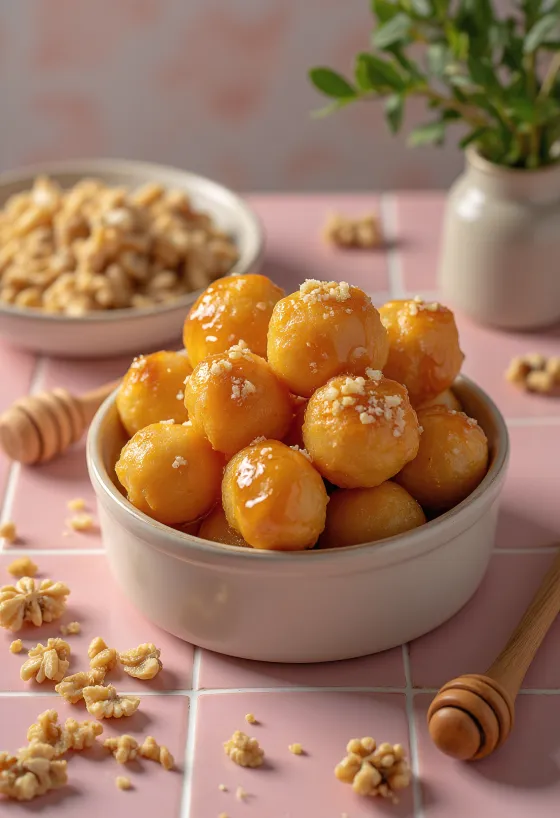 Loukoumades con miel y nueces, buñuelos dorados en plato, bañados en miel y espolvoreados con nuez