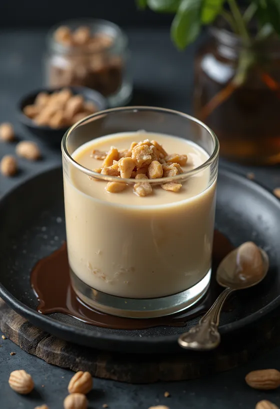 Panna cotta de crema de cacahuete servida