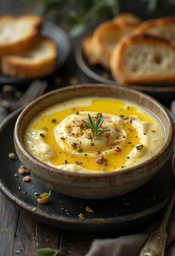Crema de berenjena de textura suave y cremosa, servida con hierbas frescas y aceite de oliva
