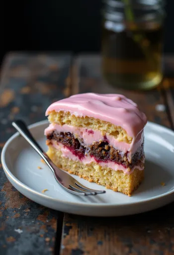 Pastel al ponche colorido con glaseado rosa y capas de bizcocho suave.