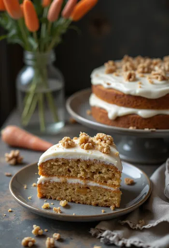 Tarta de zanahoria con glaseado de queso crema, decorada con nueces y zanahoria rallada