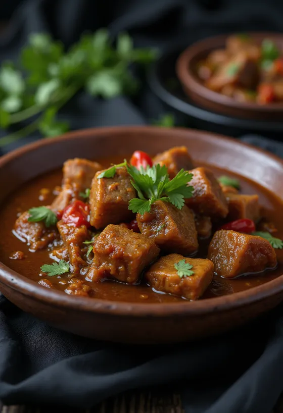 Sarapatel con hígado de cerdo servido, elaborado con ricas especias y leche de coco