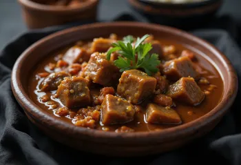 Sarapatel con hígado de cerdo servido, elaborado con ricas especias y leche de coco