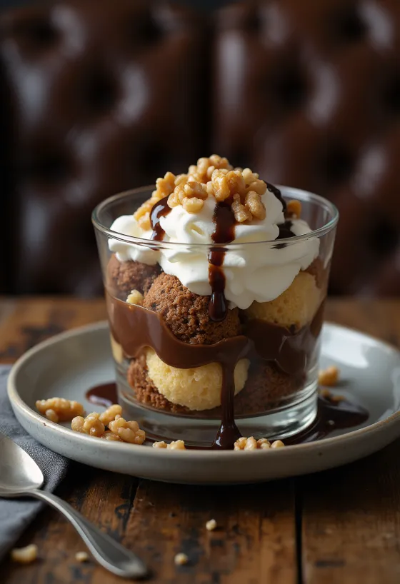 Somlói galuska en capas con bizcocho suave, crema de vainilla y salsa de chocolate