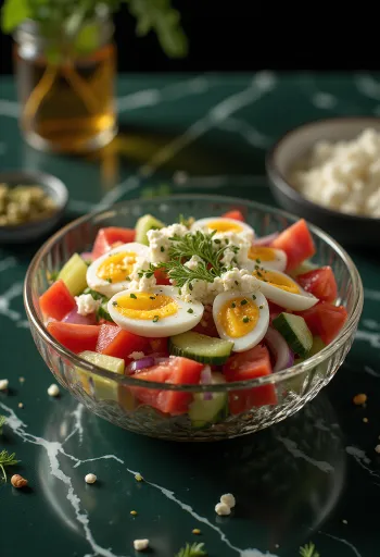 Ensalada Tashkent con huevo cocido, decorada con perejil fresco.