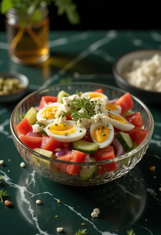 Ensalada Tashkent con huevo cocido, decorada con perejil fresco.