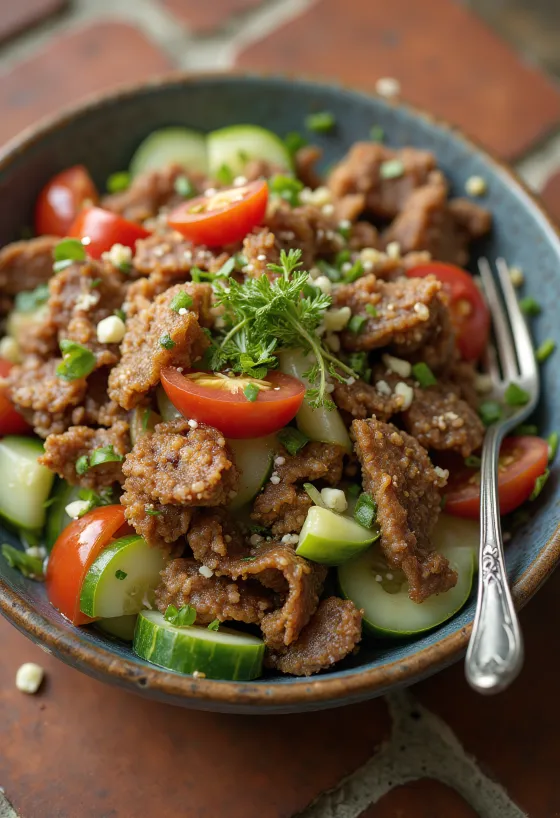 Ensalada Tashkent con ternera, verduras frescas y cilantro