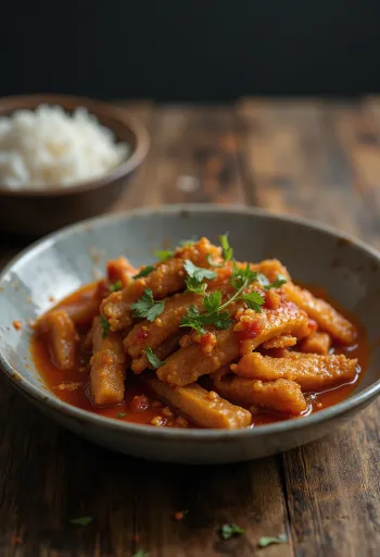 Tempeh sambal servido con salsa picante y decorado con cilantro fresco