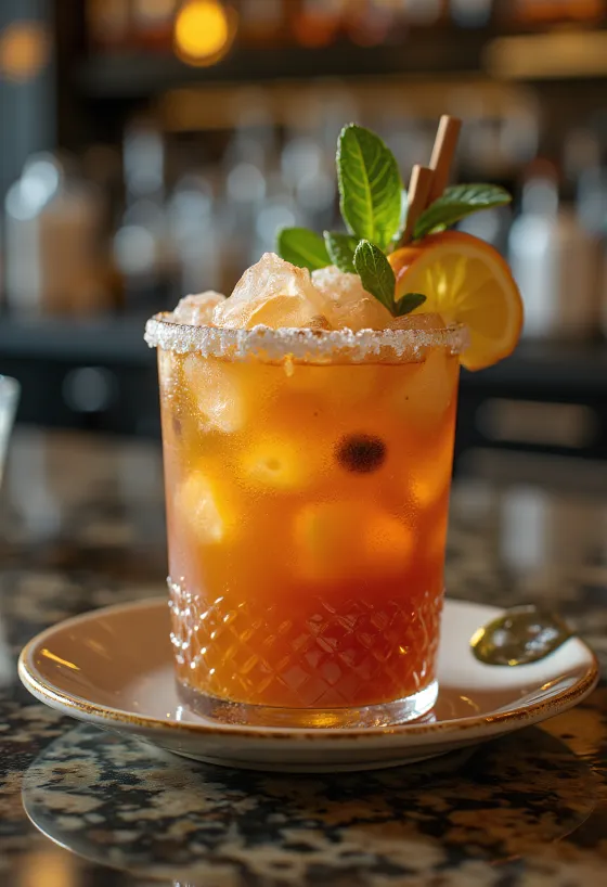 Cóctel Zombie decorado con hojas de menta y rodaja de naranja