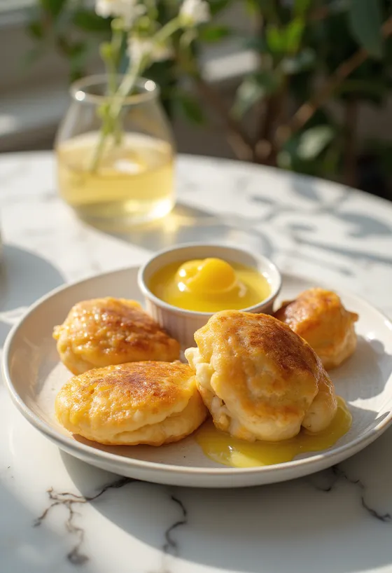 Æbleskiver con crema de limón, esferas esponjosas decoradas con salsa de limón
