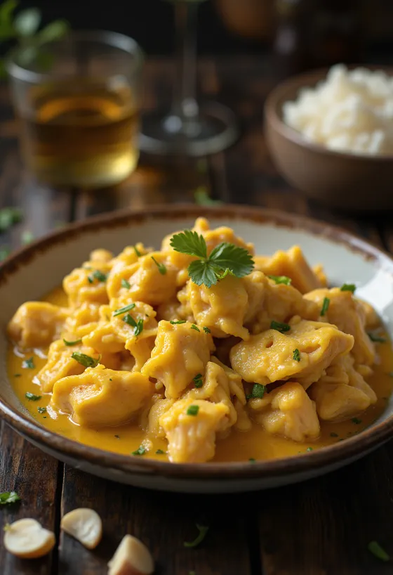 Ají de Gallina al ajo, servido con pollo jugoso y salsa rica.