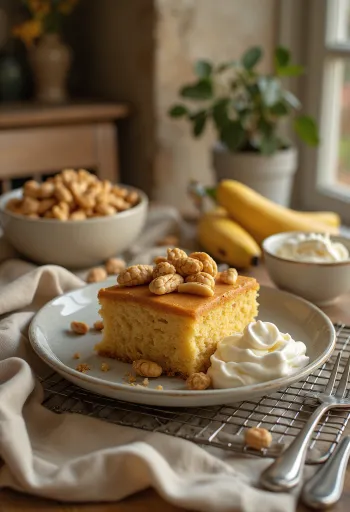 Tarta de plátano y mantequilla de cacahuete decorada con cacahuetes tostados