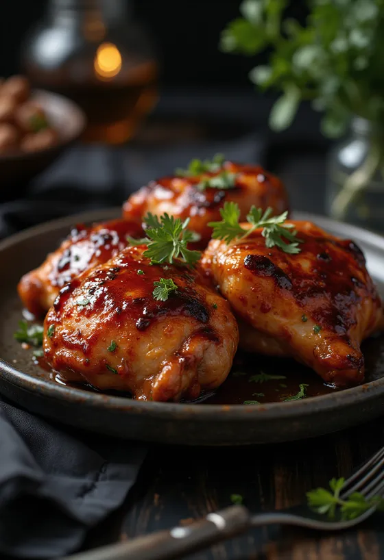 Muslos de pollo BBQ al horno servidos con patatas asadas