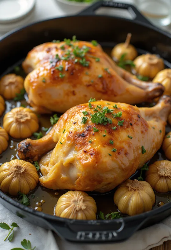 Pollo asado al ajo dorado al horno, decorado con hierbas frescas