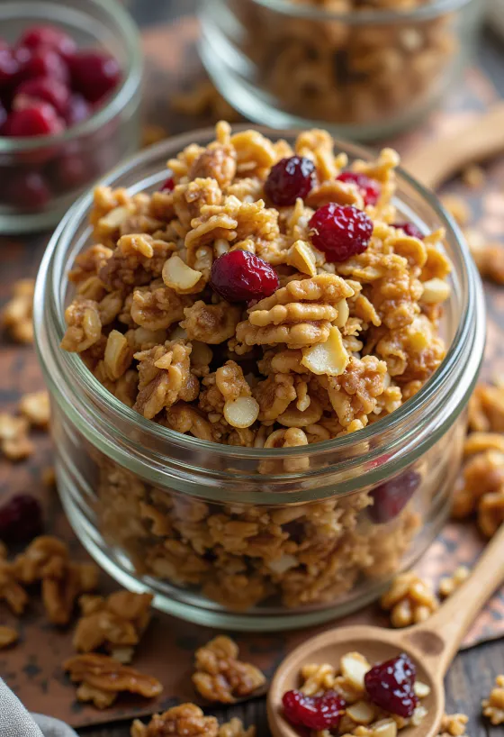 Granola casera con copos de avena crujientes, semillas y frutas secas