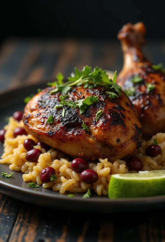 Pollo jerk con arroz y frijoles, servido con lima fresca