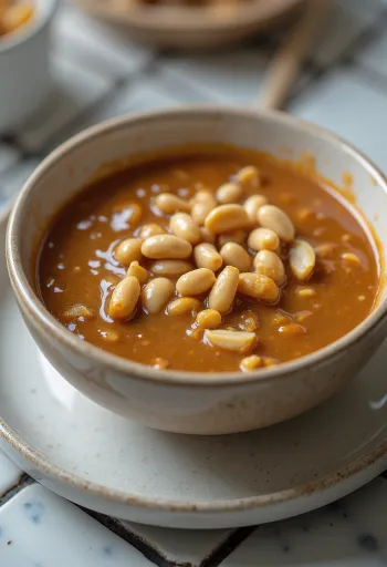 Salsa satay servida con brochetas