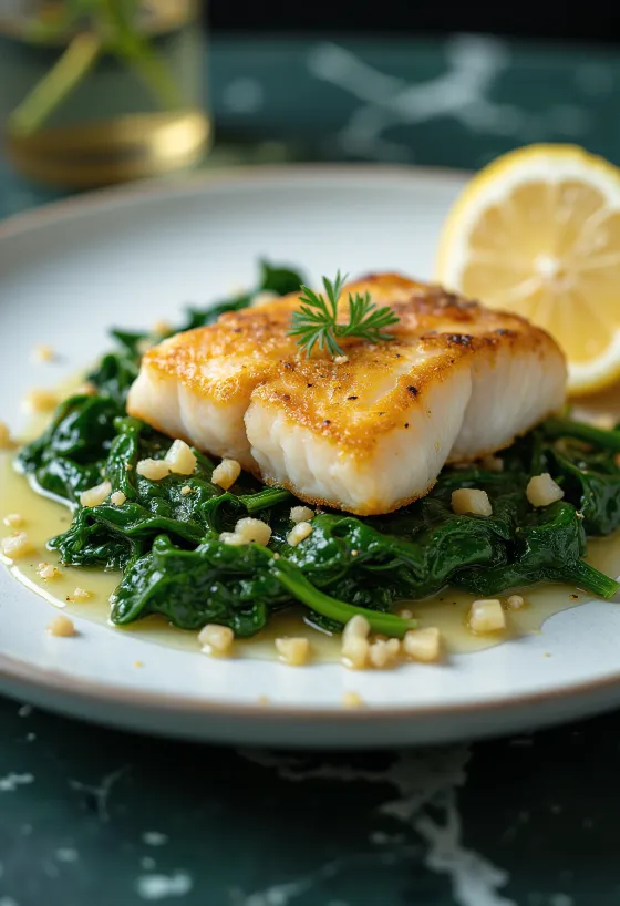 Pescado a la plancha con espinacas al ajillo servido