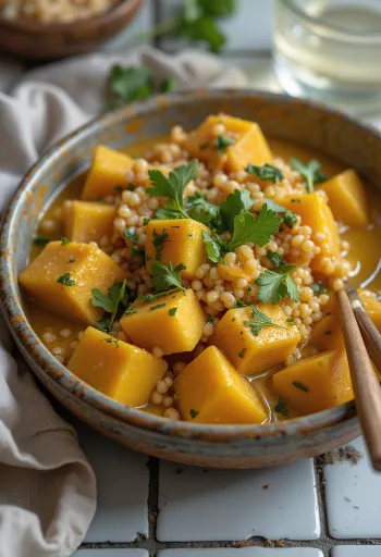 Buddha bowl de calabaza, quinoa y tofu al curry con tahini.