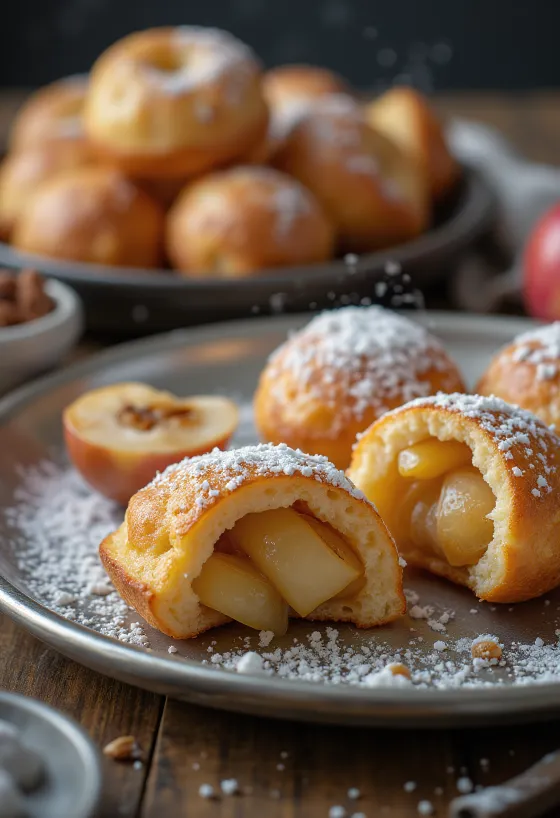 Æbleskiver con relleno de manzana y canela, dorados y espolvoreados con azúcar glas