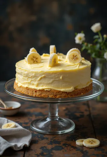 Tarta mousse de plátano decorada con rodajas de plátano