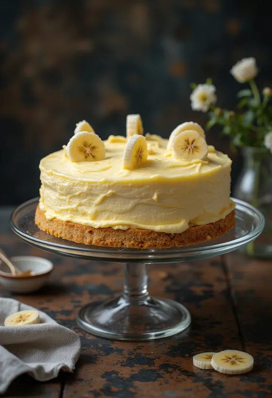Tarta mousse de plátano decorada con rodajas de plátano
