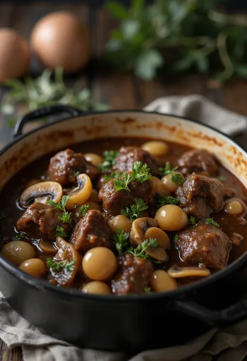 Boeuf Bourguignon servido con tomillo fresco y pan