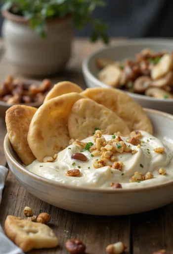 Fatteh con tahini, trozos de pita tostada, garbanzos, yogur con extra de tahini y piñones tostados.