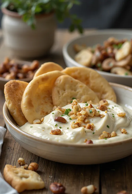 Fatteh con tahini, trozos de pita tostada, garbanzos, yogur con extra de tahini y piñones tostados.