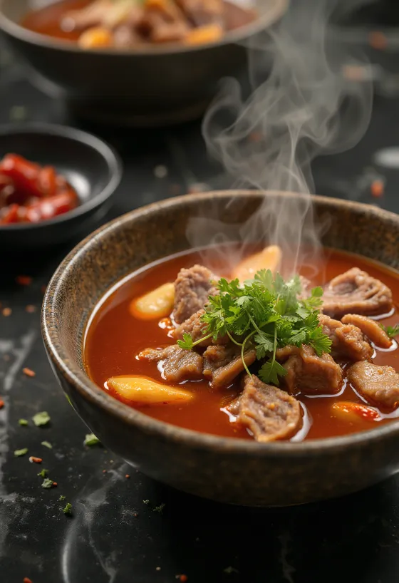 Yukgaejang de ajo servido con cilantro fresco
