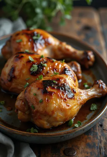 Muslos de pavo a la parrilla servidos con hierbas frescas y verduras asadas.