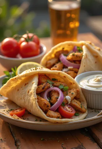 Carne de gyros recién hecha en pan de pita, servida con verduras y salsa de yogur.