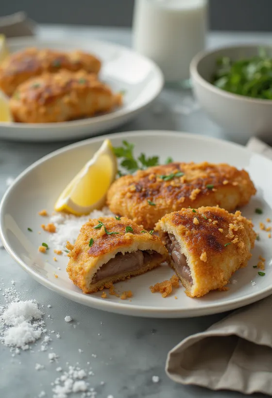 Hígado de cerdo empanado frito y crujiente, servido con ensalada fresca.
