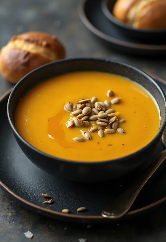 Crema de calabaza servida con semillas tostadas y aceite de oliva virgen.