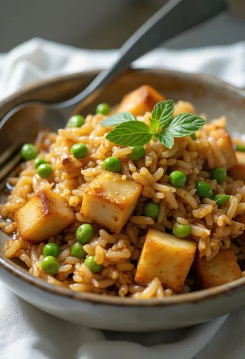 Nasi Goreng con tempeh, servido con ricas verduras y salsa de soja