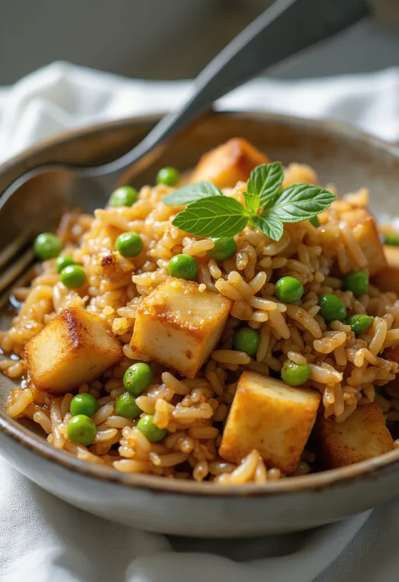Nasi Goreng con tempeh, servido con ricas verduras y salsa de soja