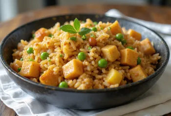 Nasi Goreng con tempeh, servido con ricas verduras y salsa de soja