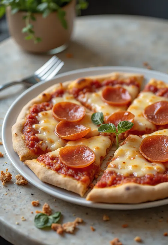 Pizza pepperoni vegana con queso vegetal y embutido