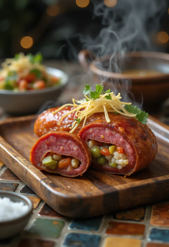 Abai Soondae servido, en rodajas, con rico relleno