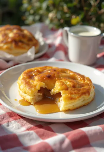 Æbleskiver rellenos de crema de caramelo, dorados y espolvoreados con azúcar glas