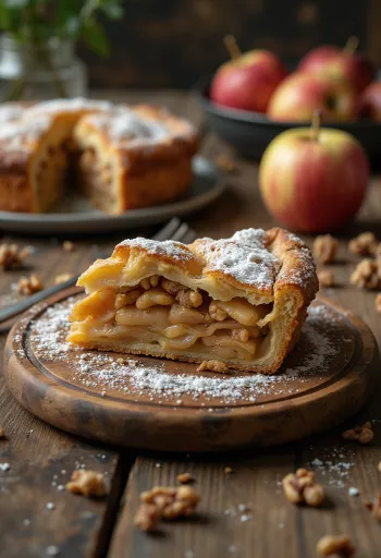 Pastel de manzana y nueces cortado en porciones