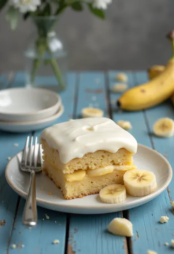 Tarta de requesón y plátano presentada con elegancia