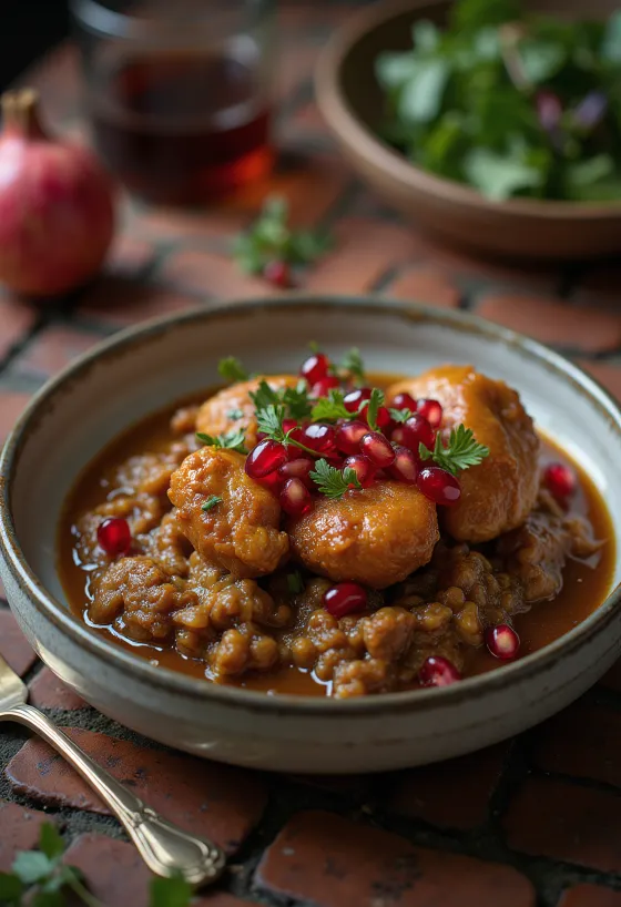 Fesenjoon con pollo servido con granada y arroz